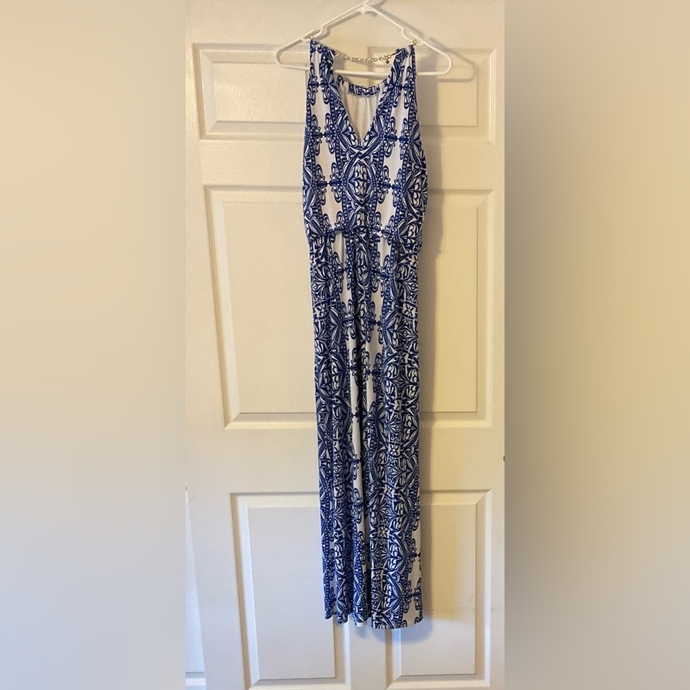 Blue and White Patterned Maxi Dress